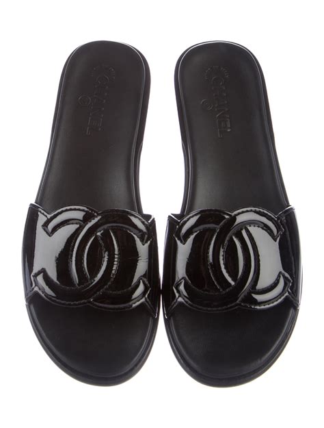 black chanel slides women|Chanel black leather slides.